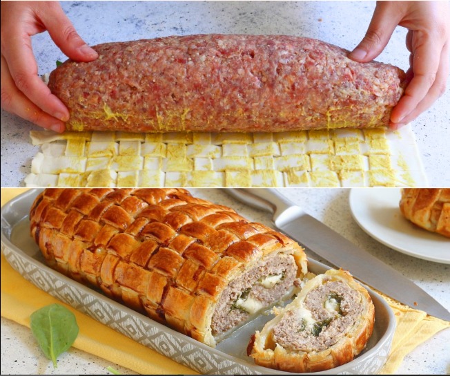 Ricetta facile per un rotolo di polpettone Wellington ripieno e croccante