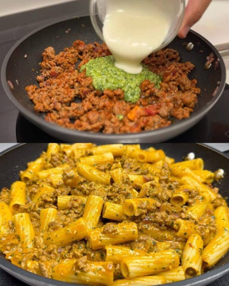 Deliziosa pasta con carne di manzo e pesto di basilico