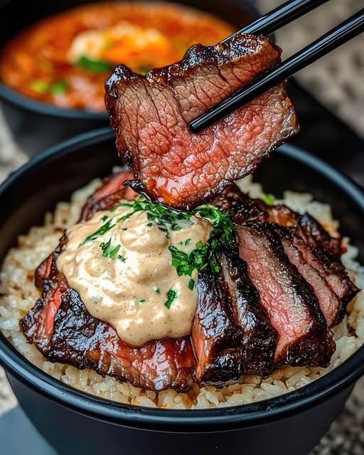 Ciotole di bistecca alla coreana con salsa cremosa