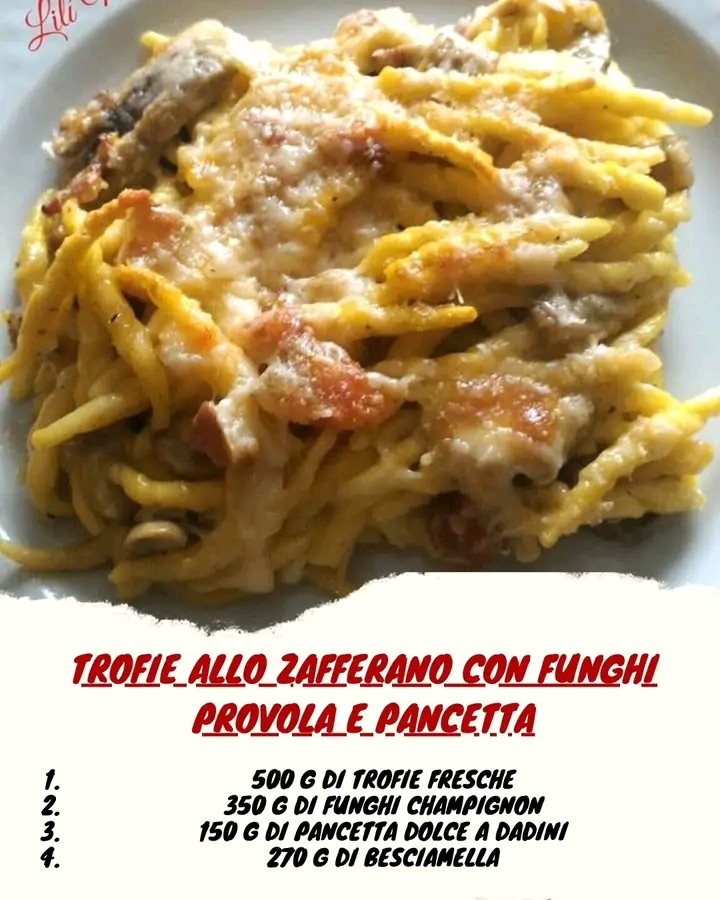Trofie allo zafferano con funghi, provola e pancetta
