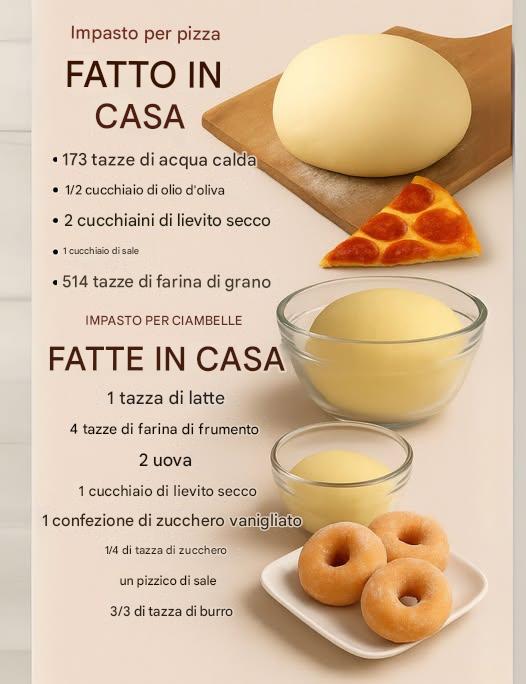 Oggi prepariamo due impasti: uno per una pizza croccante, l'altro per delle ciambelle soffici