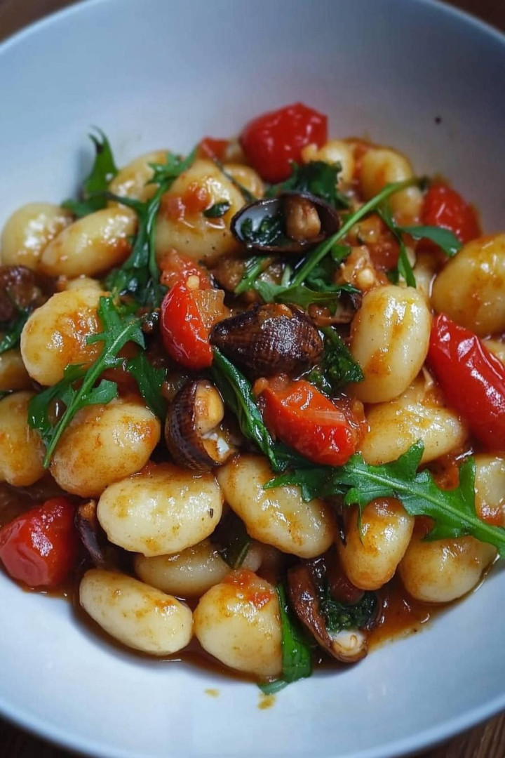 Un viaggio di sapori con i Gnocchi con cozze, rucola, pomodorini e funghi porcini! Una ricetta di mare perfetta per ogni occasione.