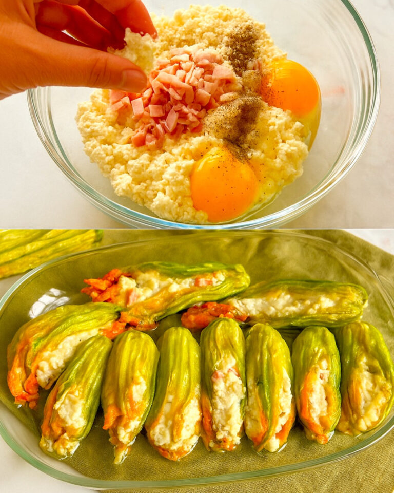 Fiori di zucca ripieni con ricotta e prosciutto (al forno)