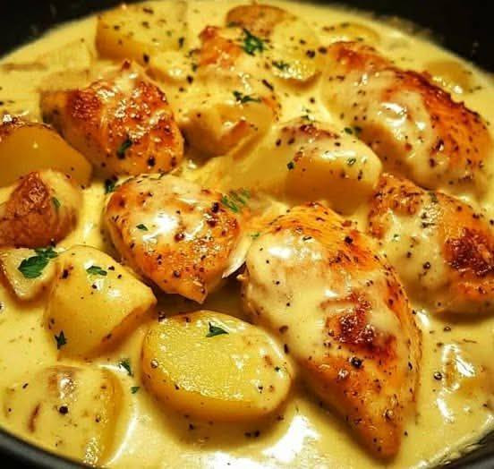 Pollo con patatas en salsa de queso