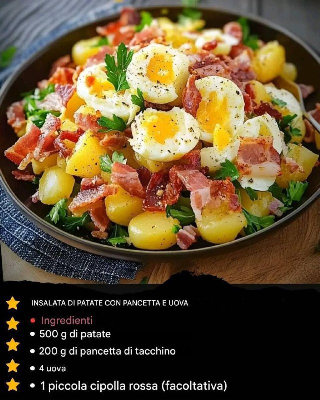 Insalata di patate con pancetta e uova