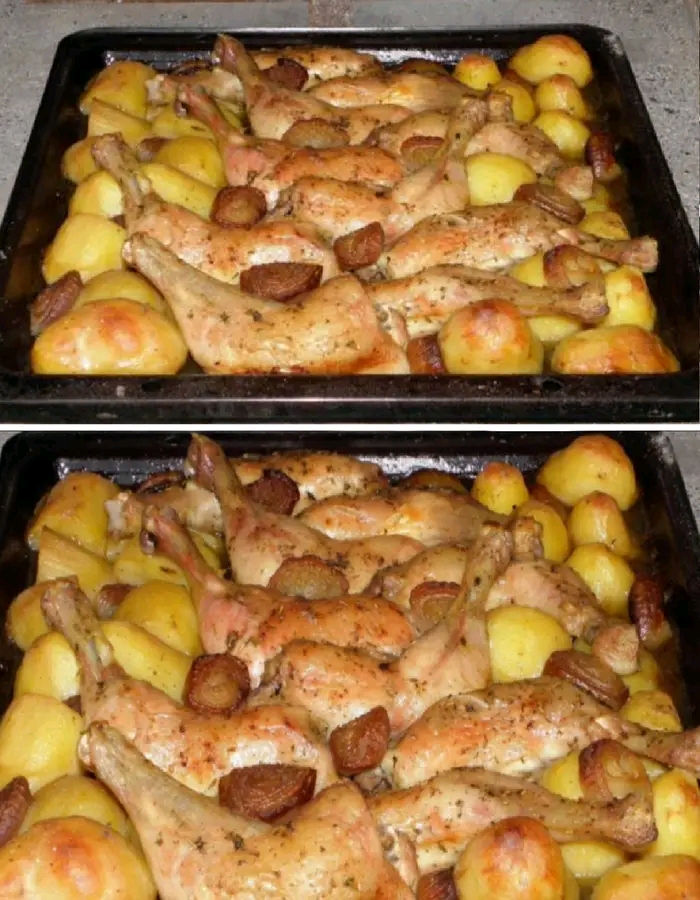 Cosce di pollo con patate in un vassoio!