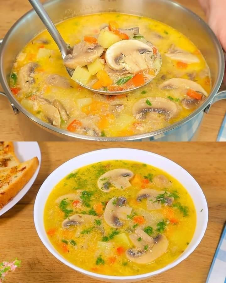 Zuppa di funghi con tonno e crostini fatti in casa