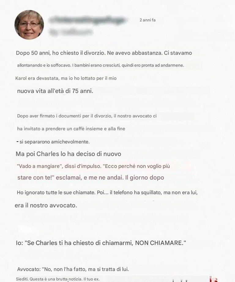 Un divorzio dopo 50 anni di cui si è presto pentita